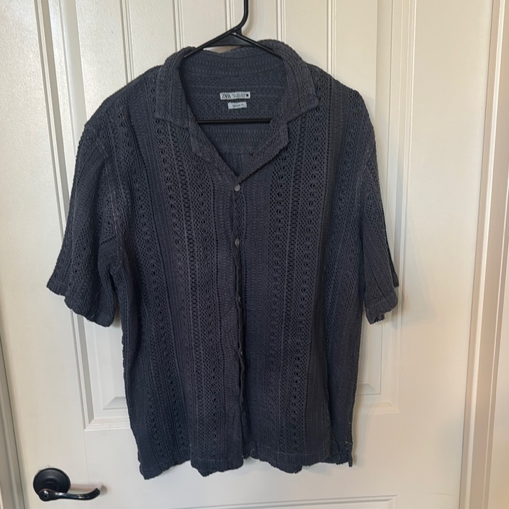 Zara Navy/Gray Casual Button Down Shirt